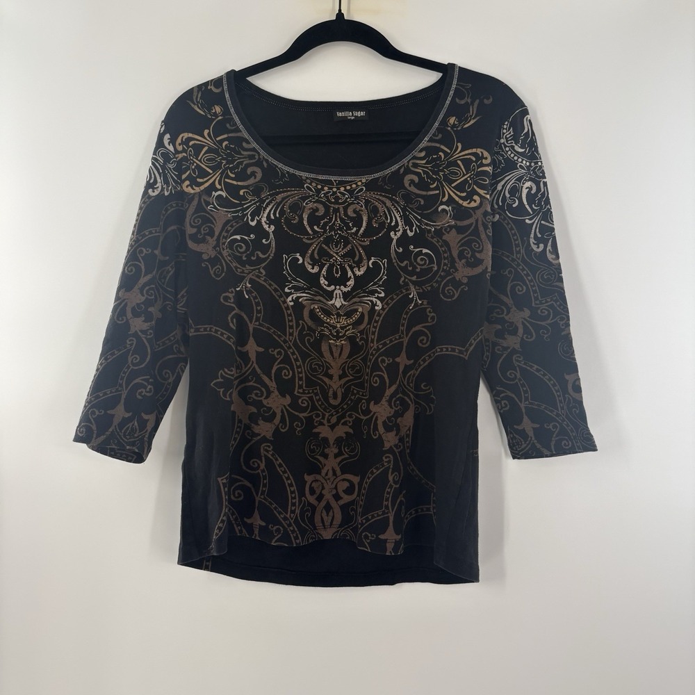 Vanilla Sugar Women's Black Graphic Rhinestones Pullover Top Sz L